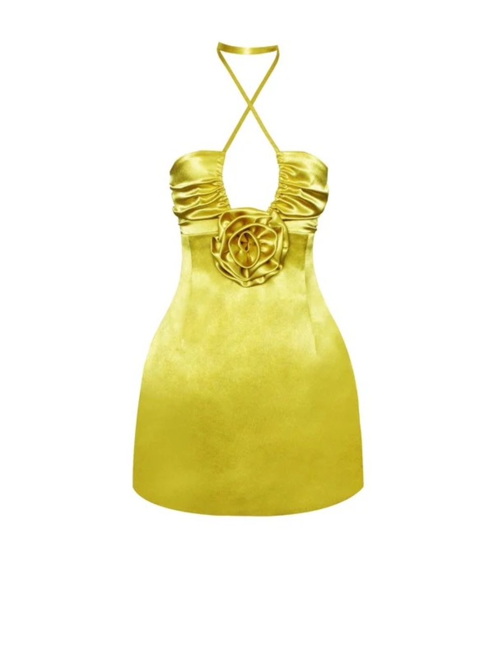 Yellow Satin Halter Mini Dress with Rosette Accent